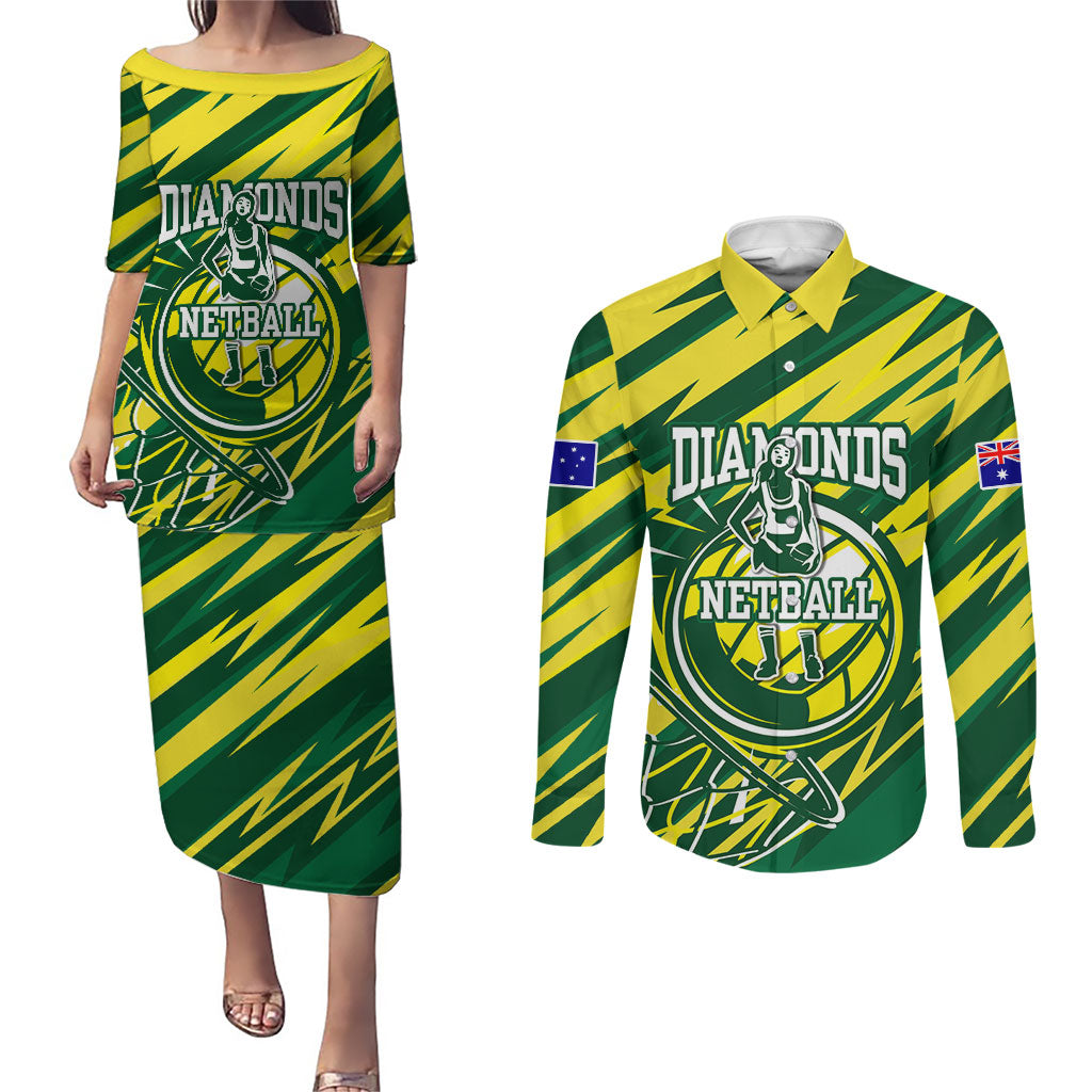Australian Diamonds Netball Couples Matching Puletasi and Long Sleeve Button Shirt Sharp Abstract Slash Pattern With Netball Graphic Art