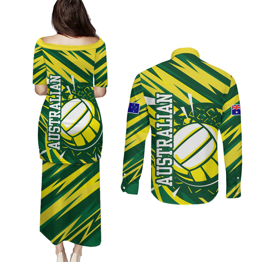 Australian Diamonds Netball Couples Matching Puletasi and Long Sleeve Button Shirt Sharp Abstract Slash Pattern With Netball Graphic Art