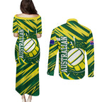Australian Diamonds Netball Couples Matching Puletasi and Long Sleeve Button Shirt Sharp Abstract Slash Pattern With Netball Graphic Art