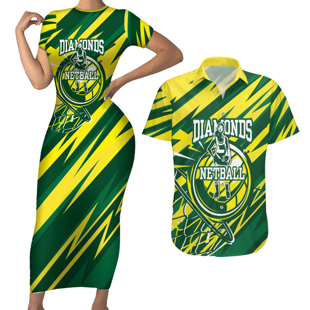Australian Diamonds Netball Couples Matching Short Sleeve Bodycon Dress and Hawaiian Shirt Sharp Abstract Slash Pattern With Netball Graphic Art