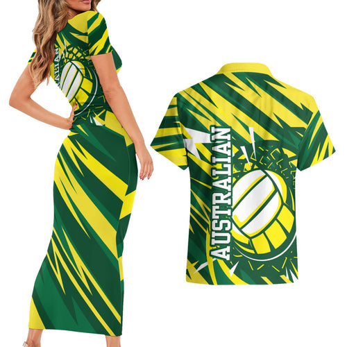 Australian Diamonds Netball Couples Matching Short Sleeve Bodycon Dress and Hawaiian Shirt Sharp Abstract Slash Pattern With Netball Graphic Art
