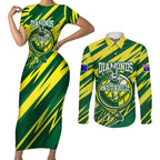 Australian Diamonds Netball Couples Matching Short Sleeve Bodycon Dress and Long Sleeve Button Shirt Sharp Abstract Slash Pattern With Netball Graphic Art