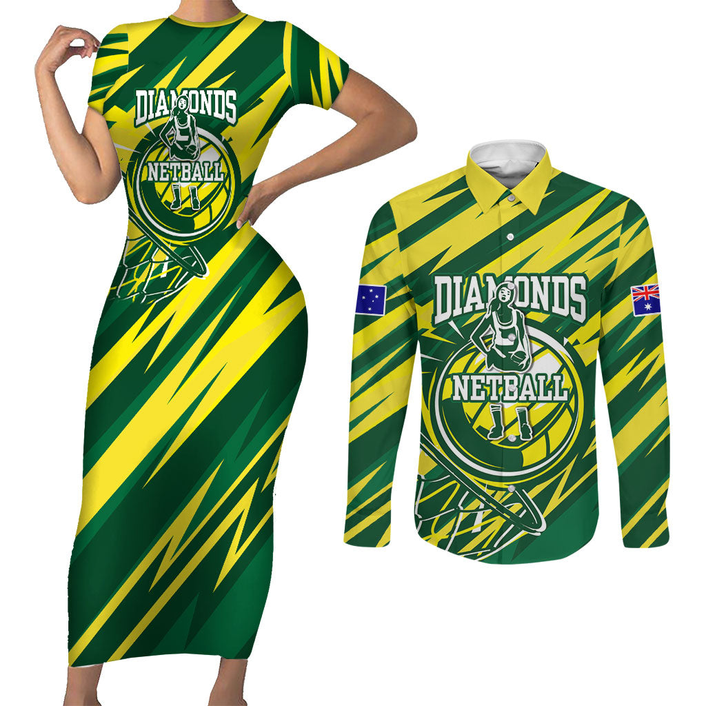 Australian Diamonds Netball Couples Matching Short Sleeve Bodycon Dress and Long Sleeve Button Shirt Sharp Abstract Slash Pattern With Netball Graphic Art