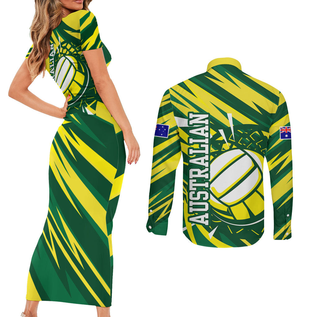 Australian Diamonds Netball Couples Matching Short Sleeve Bodycon Dress and Long Sleeve Button Shirt Sharp Abstract Slash Pattern With Netball Graphic Art