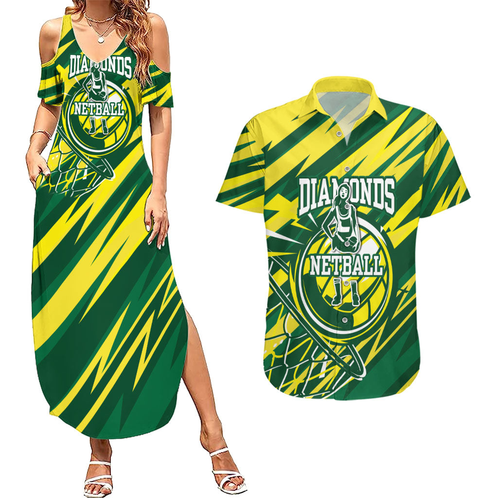 Australian Diamonds Netball Couples Matching Summer Maxi Dress and Hawaiian Shirt Sharp Abstract Slash Pattern With Netball Graphic Art