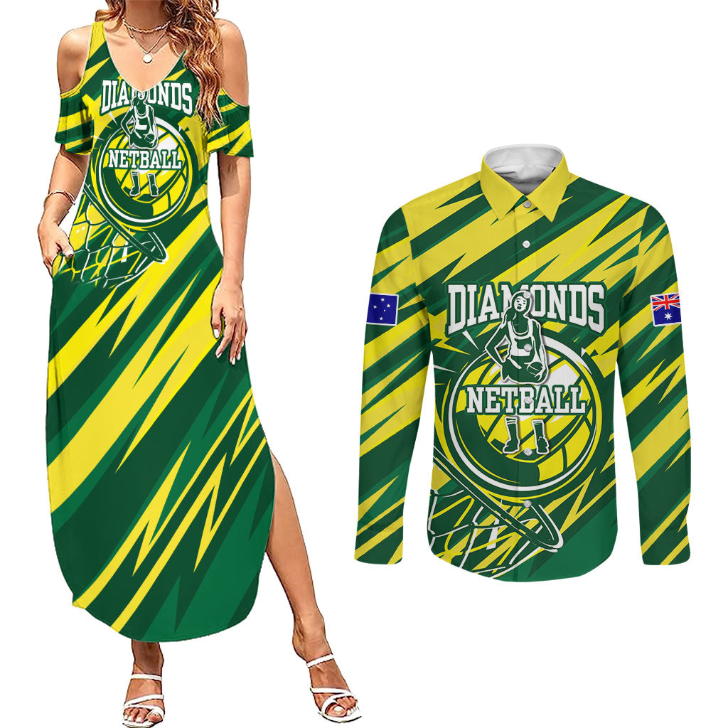 Australian Diamonds Netball Couples Matching Summer Maxi Dress and Long Sleeve Button Shirt Sharp Abstract Slash Pattern With Netball Graphic Art