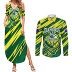 Australian Diamonds Netball Couples Matching Summer Maxi Dress and Long Sleeve Button Shirt Sharp Abstract Slash Pattern With Netball Graphic Art