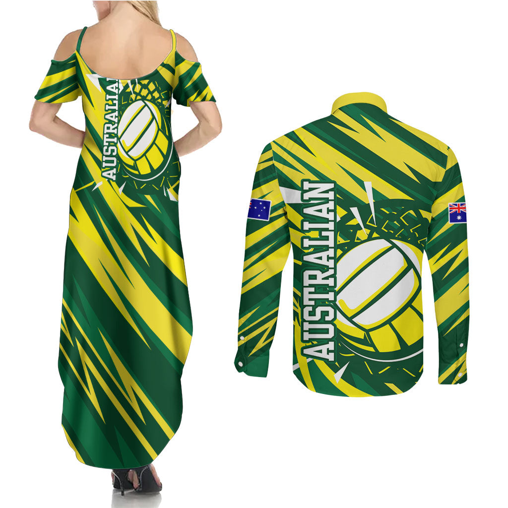 Australian Diamonds Netball Couples Matching Summer Maxi Dress and Long Sleeve Button Shirt Sharp Abstract Slash Pattern With Netball Graphic Art