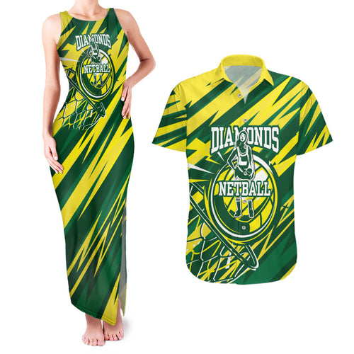 Australian Diamonds Netball Couples Matching Tank Maxi Dress and Hawaiian Shirt Sharp Abstract Slash Pattern With Netball Graphic Art