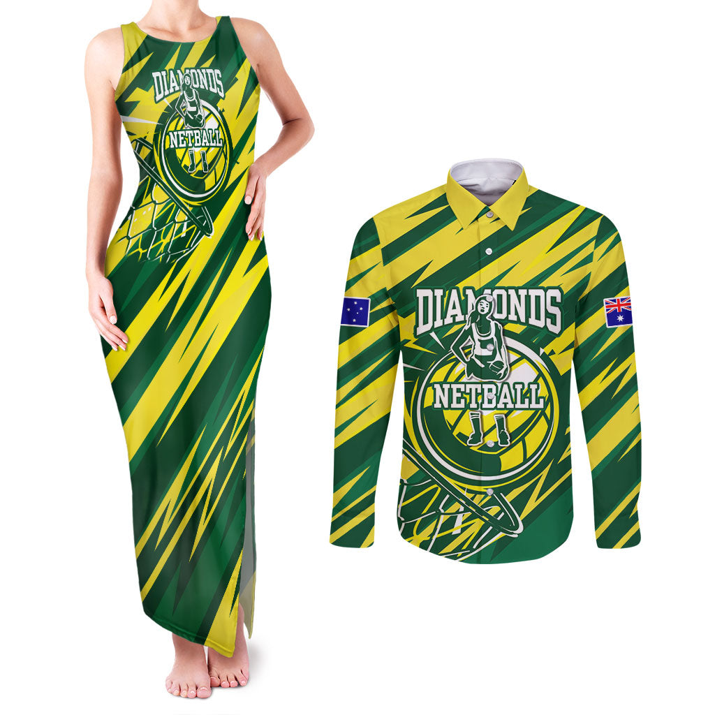 Australian Diamonds Netball Couples Matching Tank Maxi Dress and Long Sleeve Button Shirt Sharp Abstract Slash Pattern With Netball Graphic Art