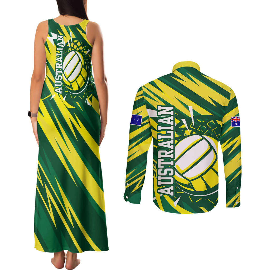 Australian Diamonds Netball Couples Matching Tank Maxi Dress and Long Sleeve Button Shirt Sharp Abstract Slash Pattern With Netball Graphic Art