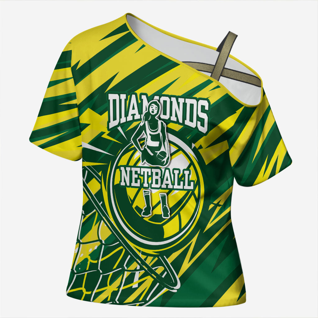 Australian Diamonds Netball Cross Shoulder Shirt Sharp Abstract Slash Pattern With Netball Graphic Art
