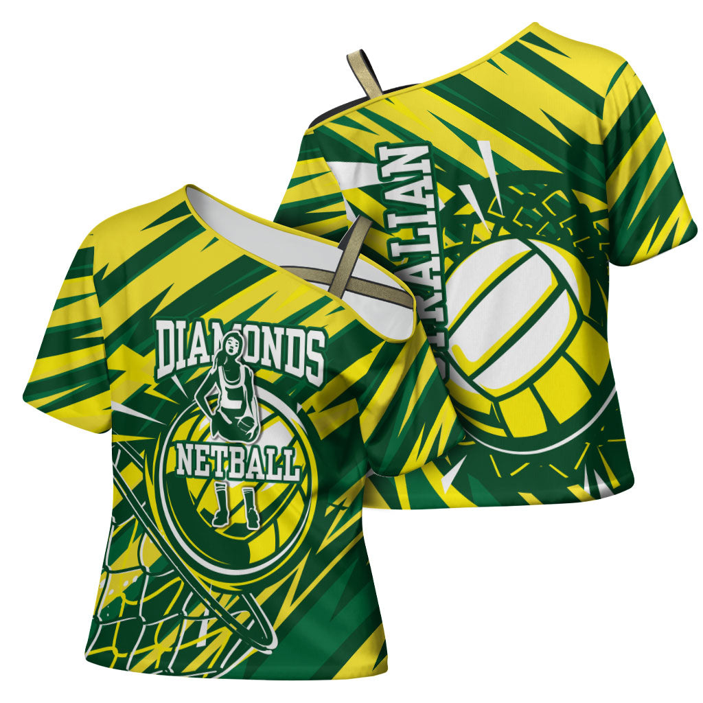 Australian Diamonds Netball Cross Shoulder Shirt Sharp Abstract Slash Pattern With Netball Graphic Art