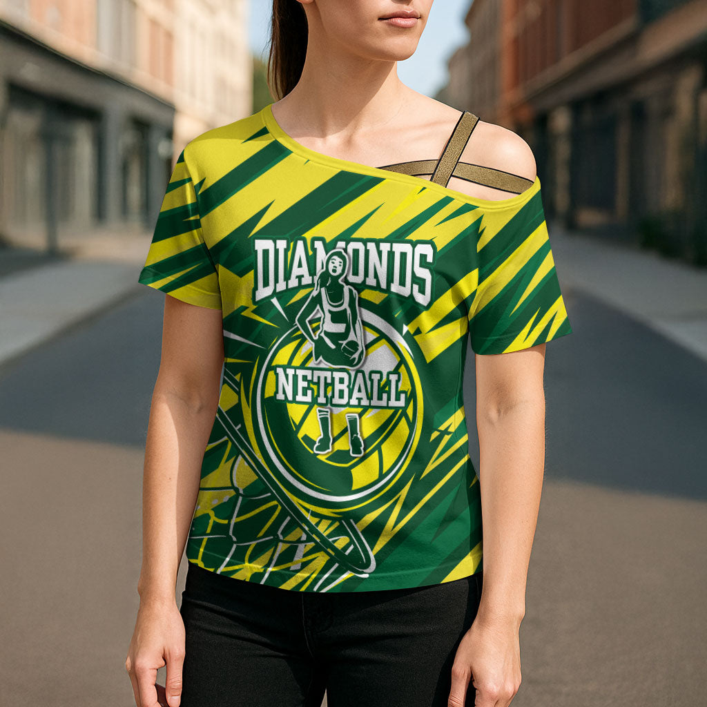 Australian Diamonds Netball Cross Shoulder Shirt Sharp Abstract Slash Pattern With Netball Graphic Art