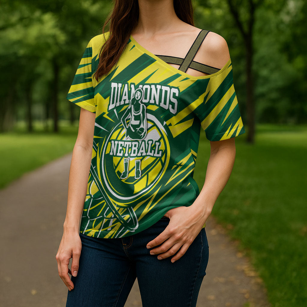 Australian Diamonds Netball Cross Shoulder Shirt Sharp Abstract Slash Pattern With Netball Graphic Art