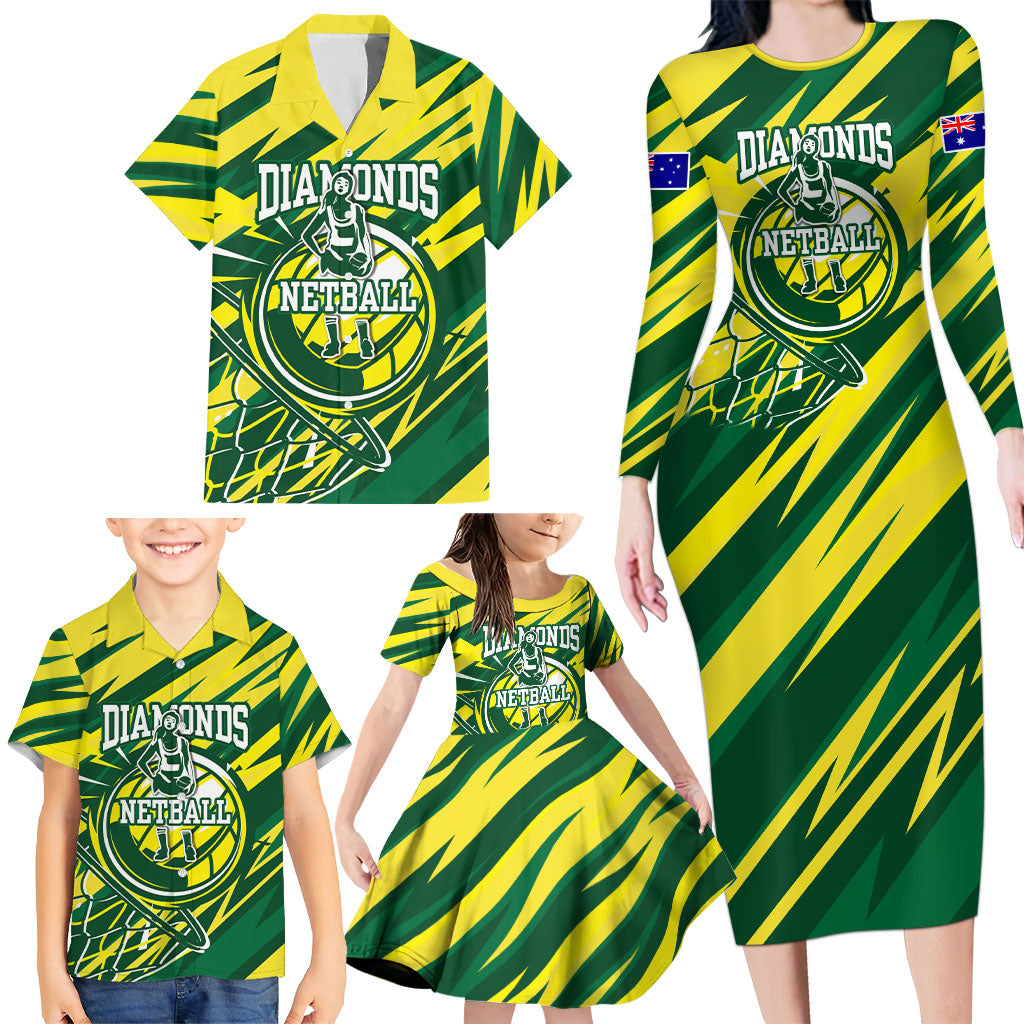 Australian Diamonds Netball Family Matching Long Sleeve Bodycon Dress and Hawaiian Shirt Sharp Abstract Slash Pattern With Netball Graphic Art