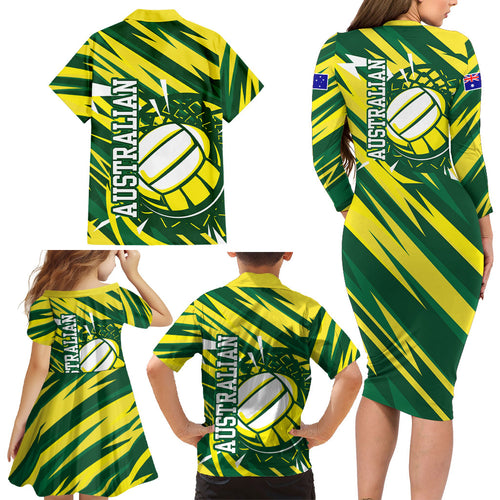 Australian Diamonds Netball Family Matching Long Sleeve Bodycon Dress and Hawaiian Shirt Sharp Abstract Slash Pattern With Netball Graphic Art
