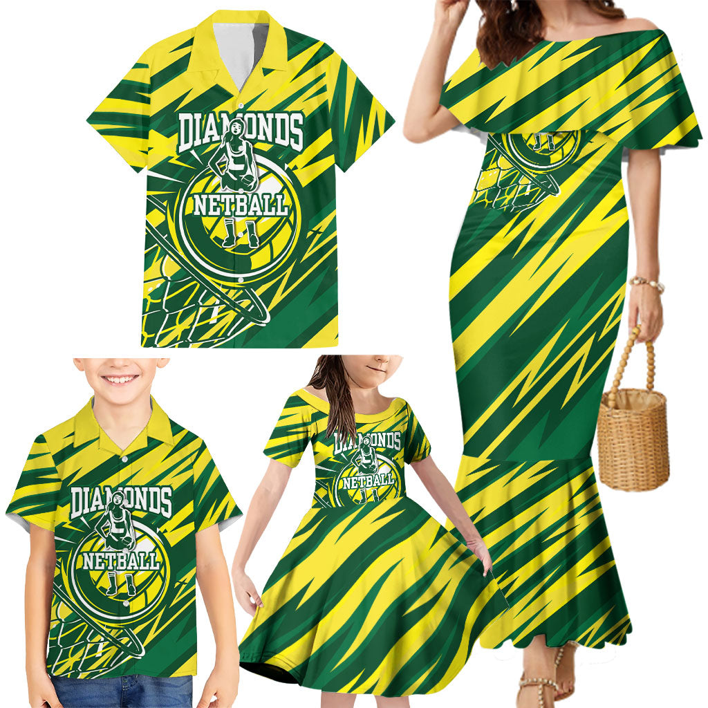 Australian Diamonds Netball Family Matching Mermaid Dress and Hawaiian Shirt Sharp Abstract Slash Pattern With Netball Graphic Art