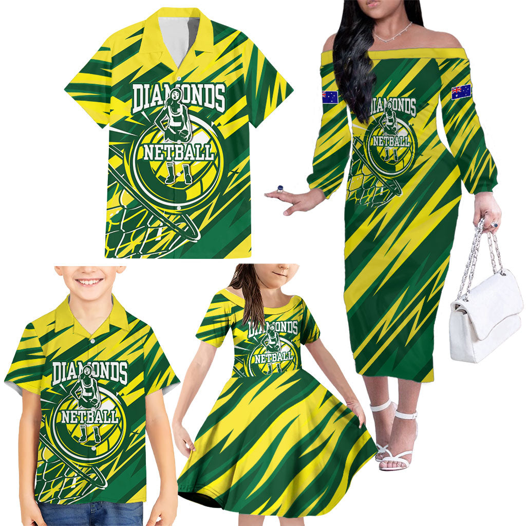 Australian Diamonds Netball Family Matching Off The Shoulder Long Sleeve Dress and Hawaiian Shirt Sharp Abstract Slash Pattern With Netball Graphic Art