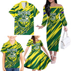Australian Diamonds Netball Family Matching Off The Shoulder Long Sleeve Dress and Hawaiian Shirt Sharp Abstract Slash Pattern With Netball Graphic Art