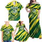 Australian Diamonds Netball Family Matching Off Shoulder Maxi Dress and Hawaiian Shirt Sharp Abstract Slash Pattern With Netball Graphic Art