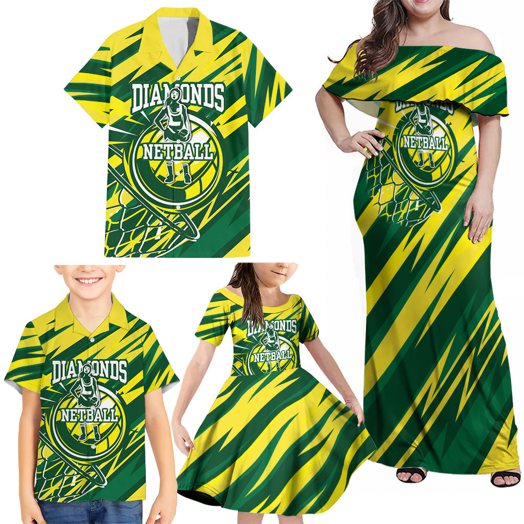 Australian Diamonds Netball Family Matching Off Shoulder Maxi Dress and Hawaiian Shirt Sharp Abstract Slash Pattern With Netball Graphic Art