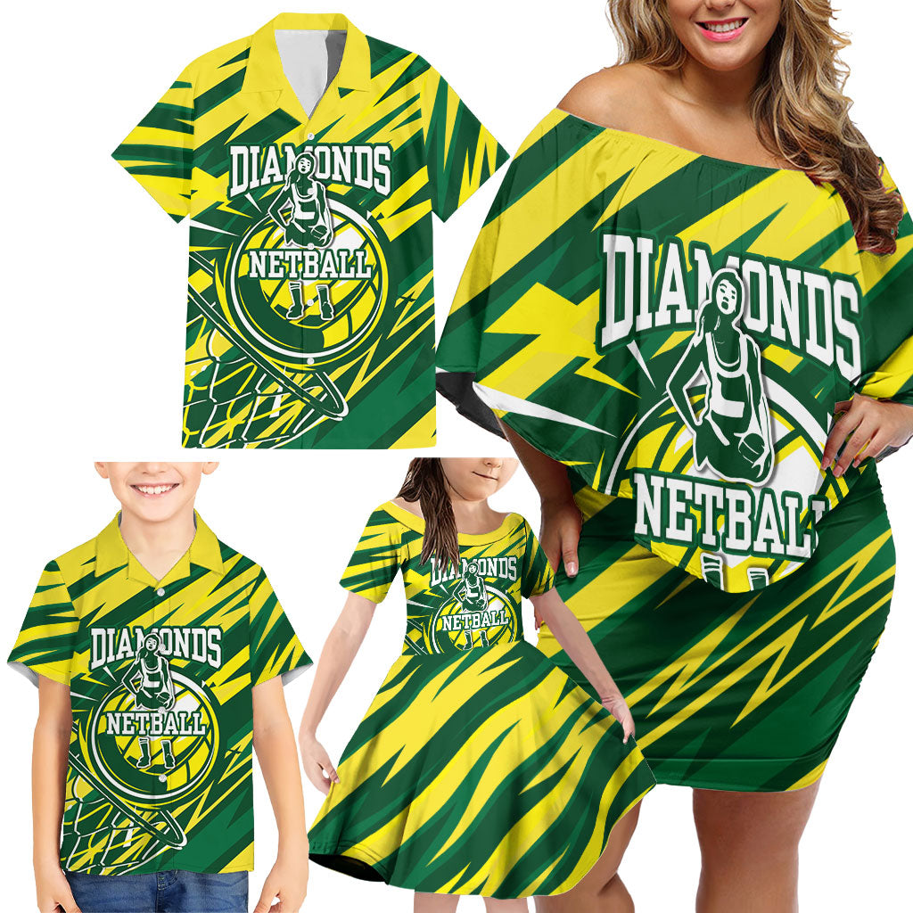 Australian Diamonds Netball Family Matching Off Shoulder Short Dress and Hawaiian Shirt Sharp Abstract Slash Pattern With Netball Graphic Art