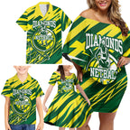 Australian Diamonds Netball Family Matching Off Shoulder Short Dress and Hawaiian Shirt Sharp Abstract Slash Pattern With Netball Graphic Art