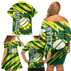 Australian Diamonds Netball Family Matching Off Shoulder Short Dress and Hawaiian Shirt Sharp Abstract Slash Pattern With Netball Graphic Art