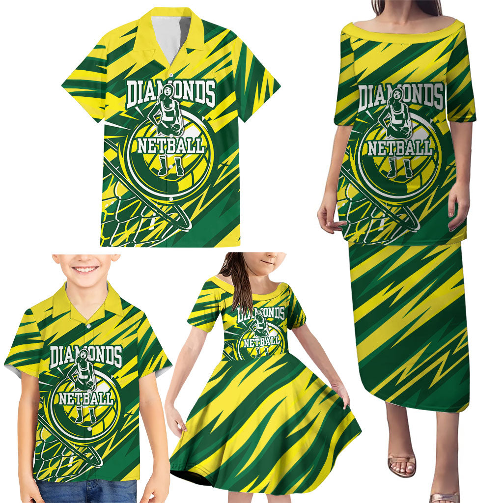 Australian Diamonds Netball Family Matching Puletasi and Hawaiian Shirt Sharp Abstract Slash Pattern With Netball Graphic Art