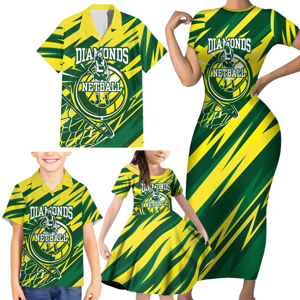 Australian Diamonds Netball Family Matching Short Sleeve Bodycon Dress and Hawaiian Shirt Sharp Abstract Slash Pattern With Netball Graphic Art