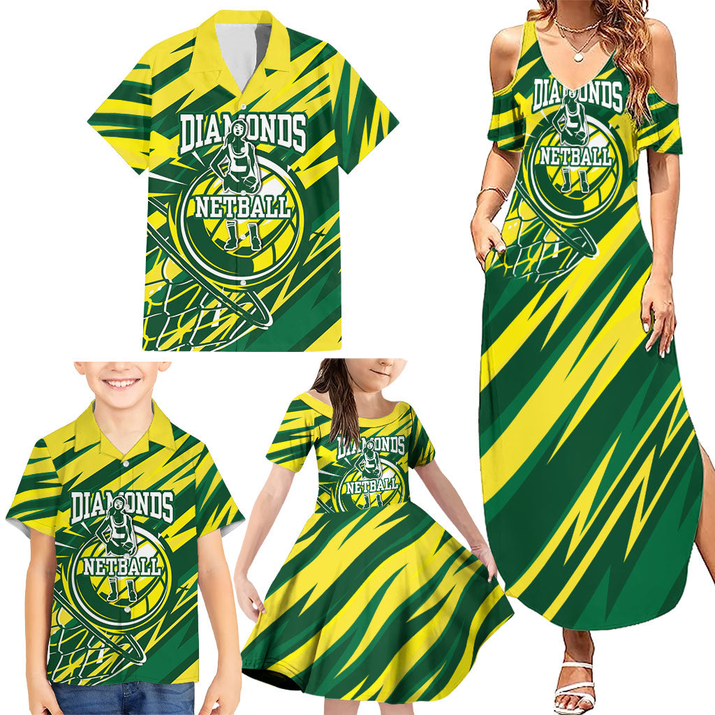 Australian Diamonds Netball Family Matching Summer Maxi Dress and Hawaiian Shirt Sharp Abstract Slash Pattern With Netball Graphic Art