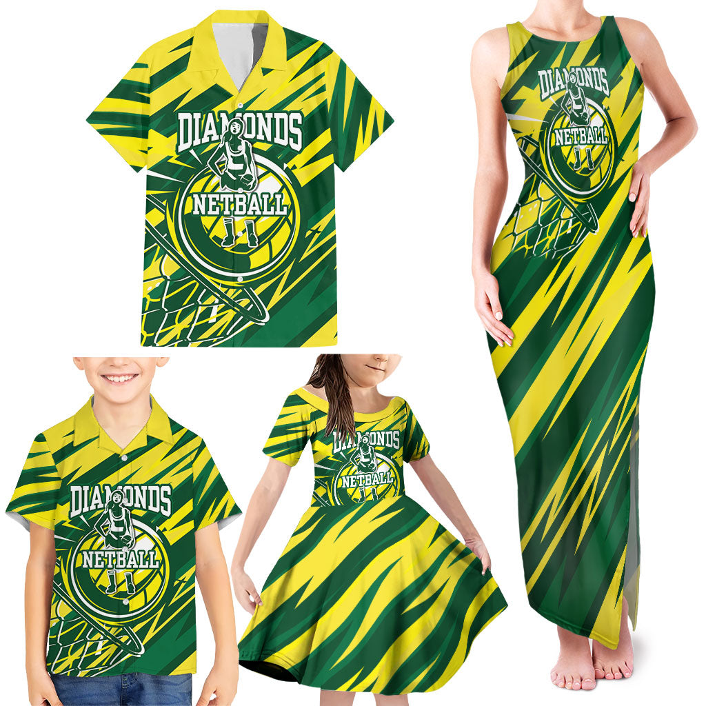 Australian Diamonds Netball Family Matching Tank Maxi Dress and Hawaiian Shirt Sharp Abstract Slash Pattern With Netball Graphic Art