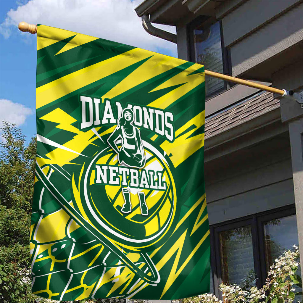 Australian Diamonds Netball Garden Flag Sharp Abstract Slash Pattern With Netball Graphic Art