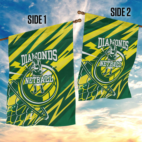 Australian Diamonds Netball Garden Flag Sharp Abstract Slash Pattern With Netball Graphic Art