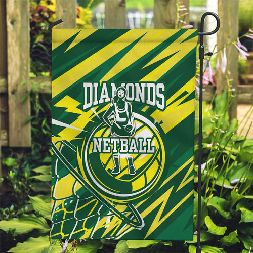Australian Diamonds Netball Garden Flag Sharp Abstract Slash Pattern With Netball Graphic Art