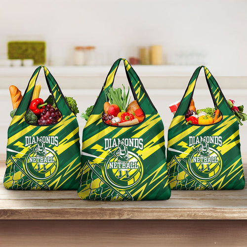 Australian Diamonds Netball Grocery Bag Sharp Abstract Slash Pattern With Netball Graphic Art