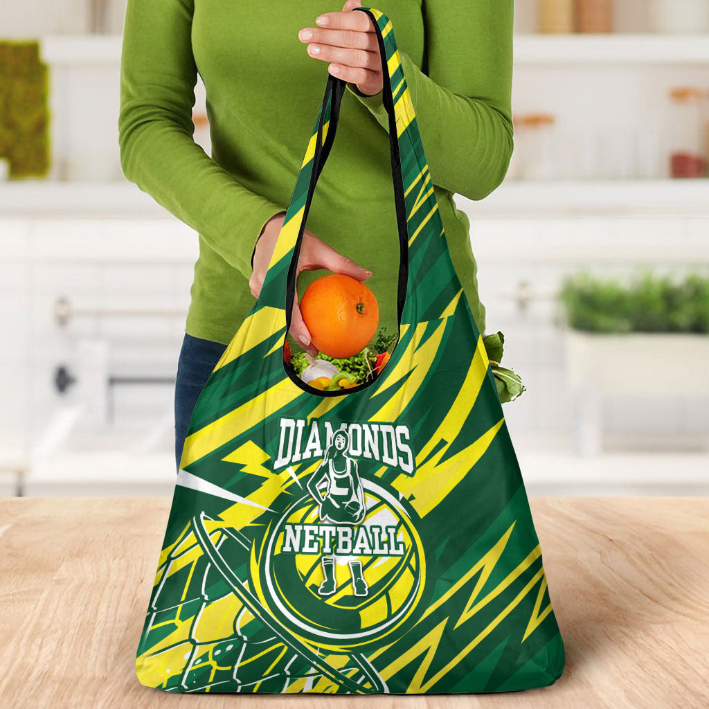 Australian Diamonds Netball Grocery Bag Sharp Abstract Slash Pattern With Netball Graphic Art