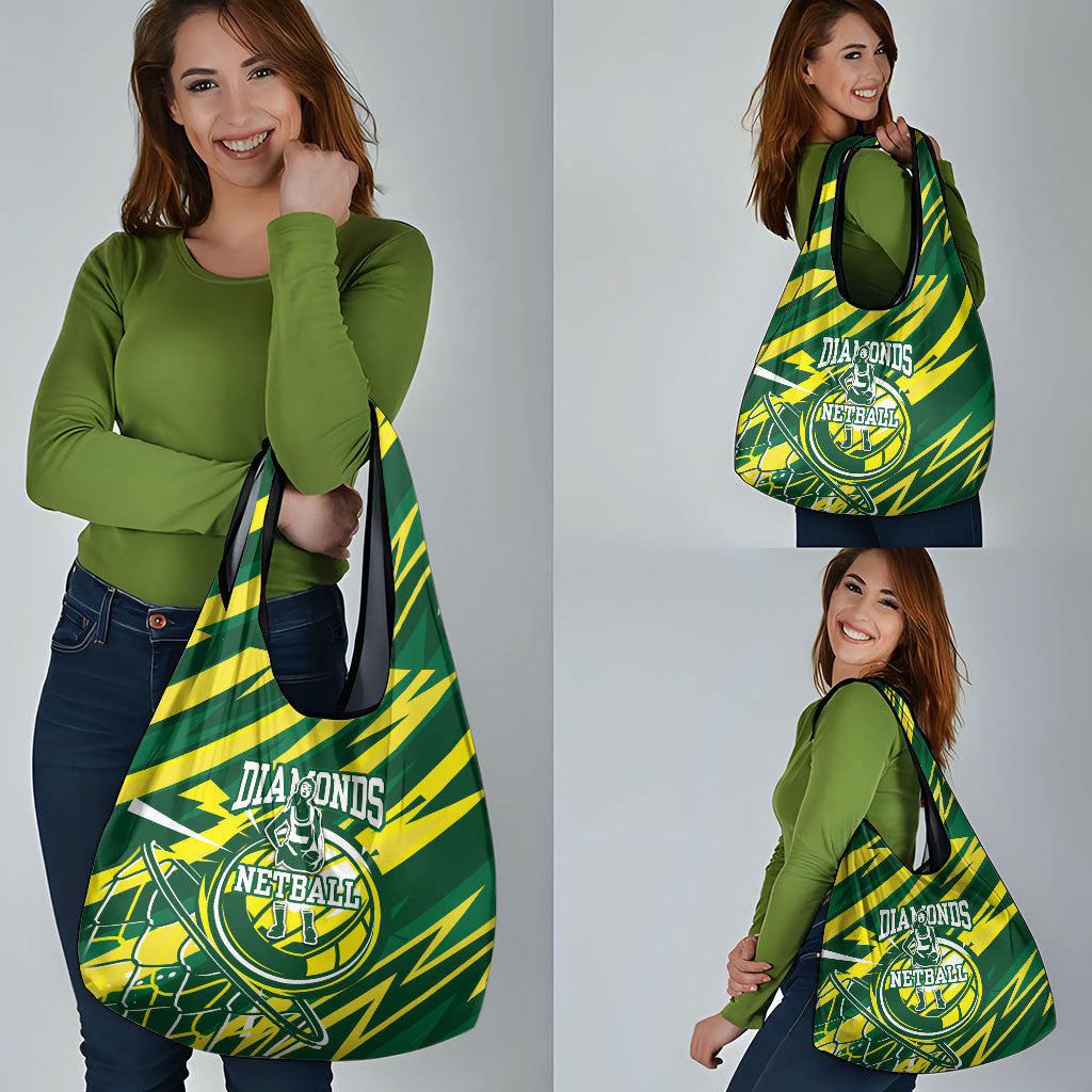 Australian Diamonds Netball Grocery Bag Sharp Abstract Slash Pattern With Netball Graphic Art