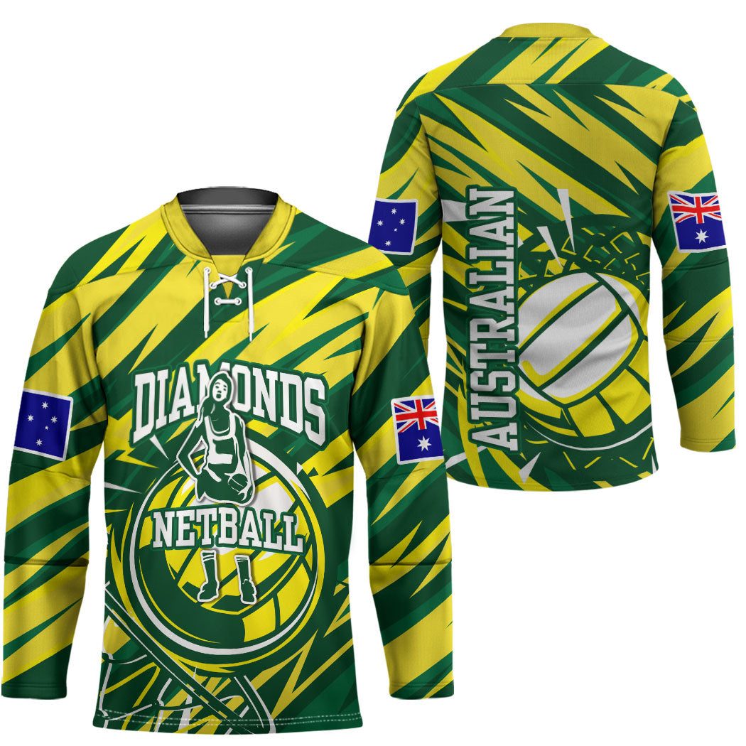 Australian Diamonds Netball Hockey Jersey Sharp Abstract Slash Pattern With Netball Graphic Art