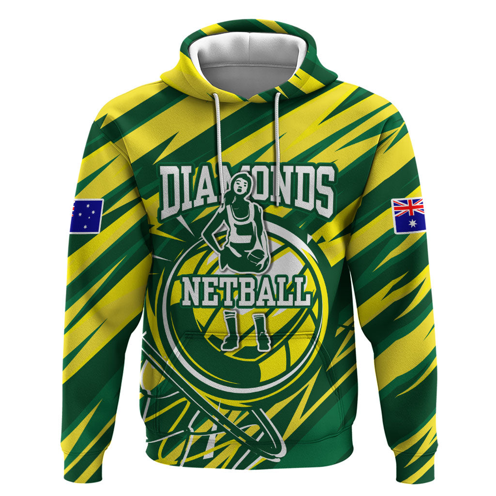 Australian Diamonds Netball Hoodie Sharp Abstract Slash Pattern With Netball Graphic Art