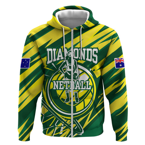 Australian Diamonds Netball Hoodie Sharp Abstract Slash Pattern With Netball Graphic Art