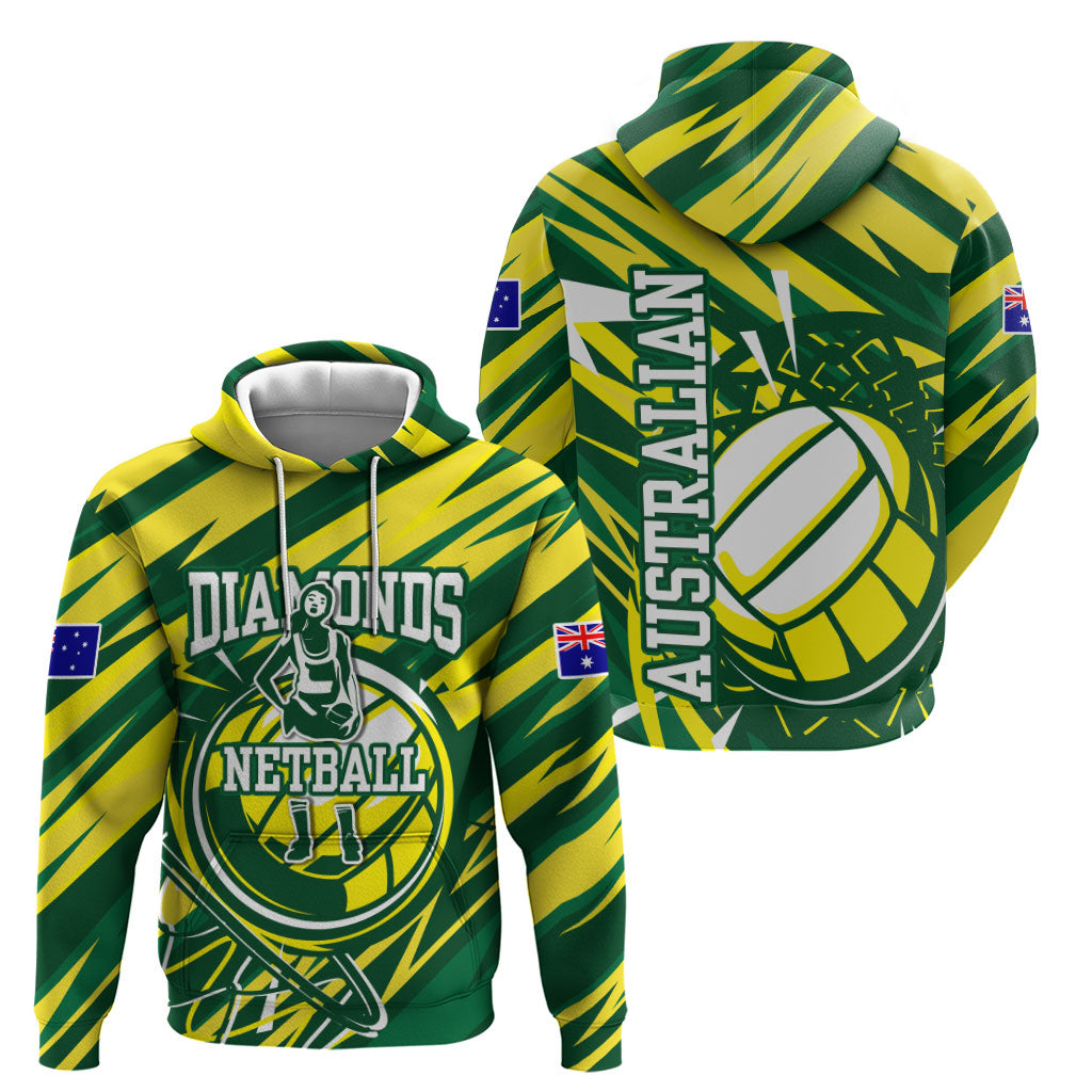 Australian Diamonds Netball Hoodie Sharp Abstract Slash Pattern With Netball Graphic Art