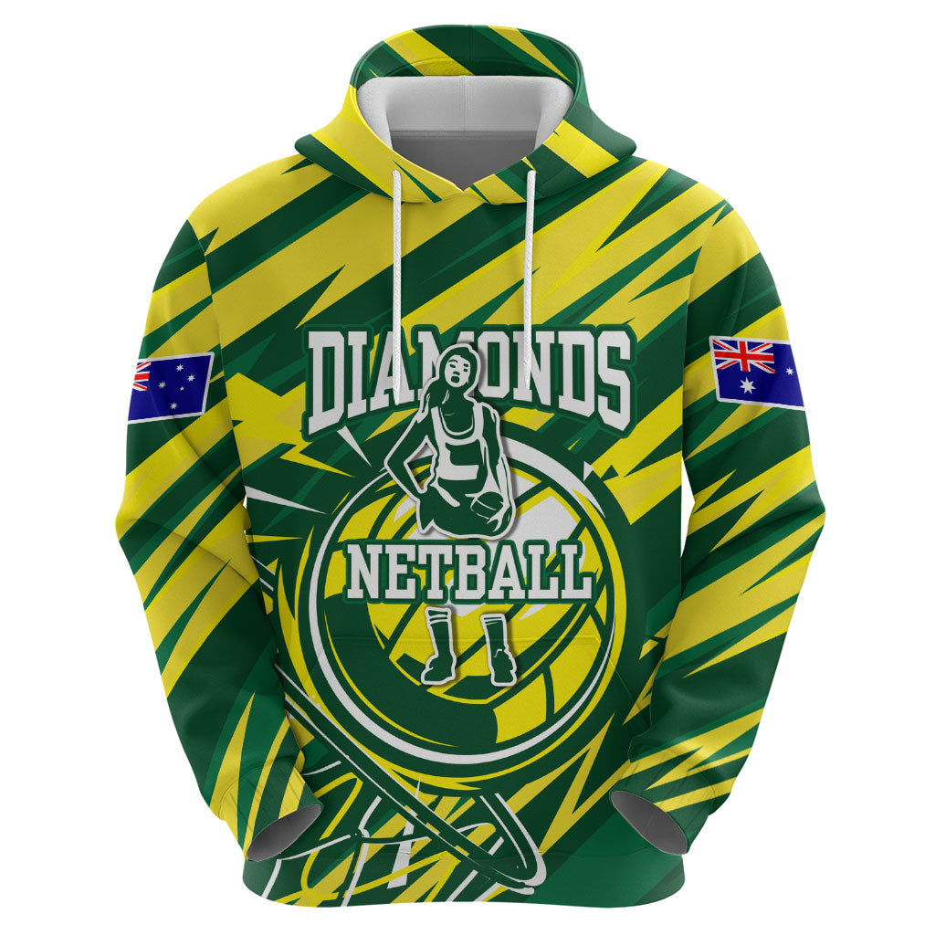 Australian Diamonds Netball Hoodie Sharp Abstract Slash Pattern With Netball Graphic Art