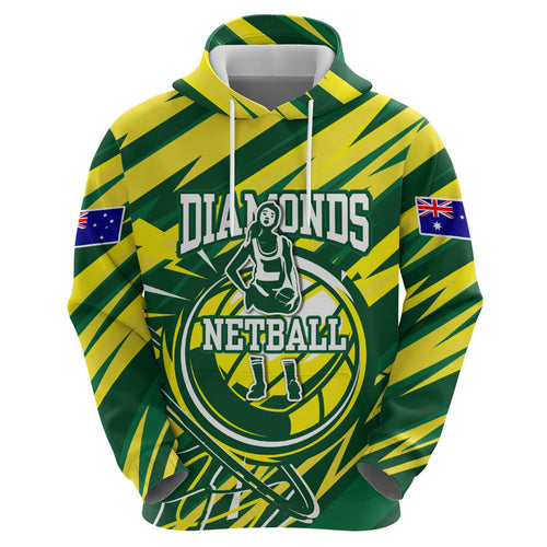 Australian Diamonds Netball Hoodie Sharp Abstract Slash Pattern With Netball Graphic Art