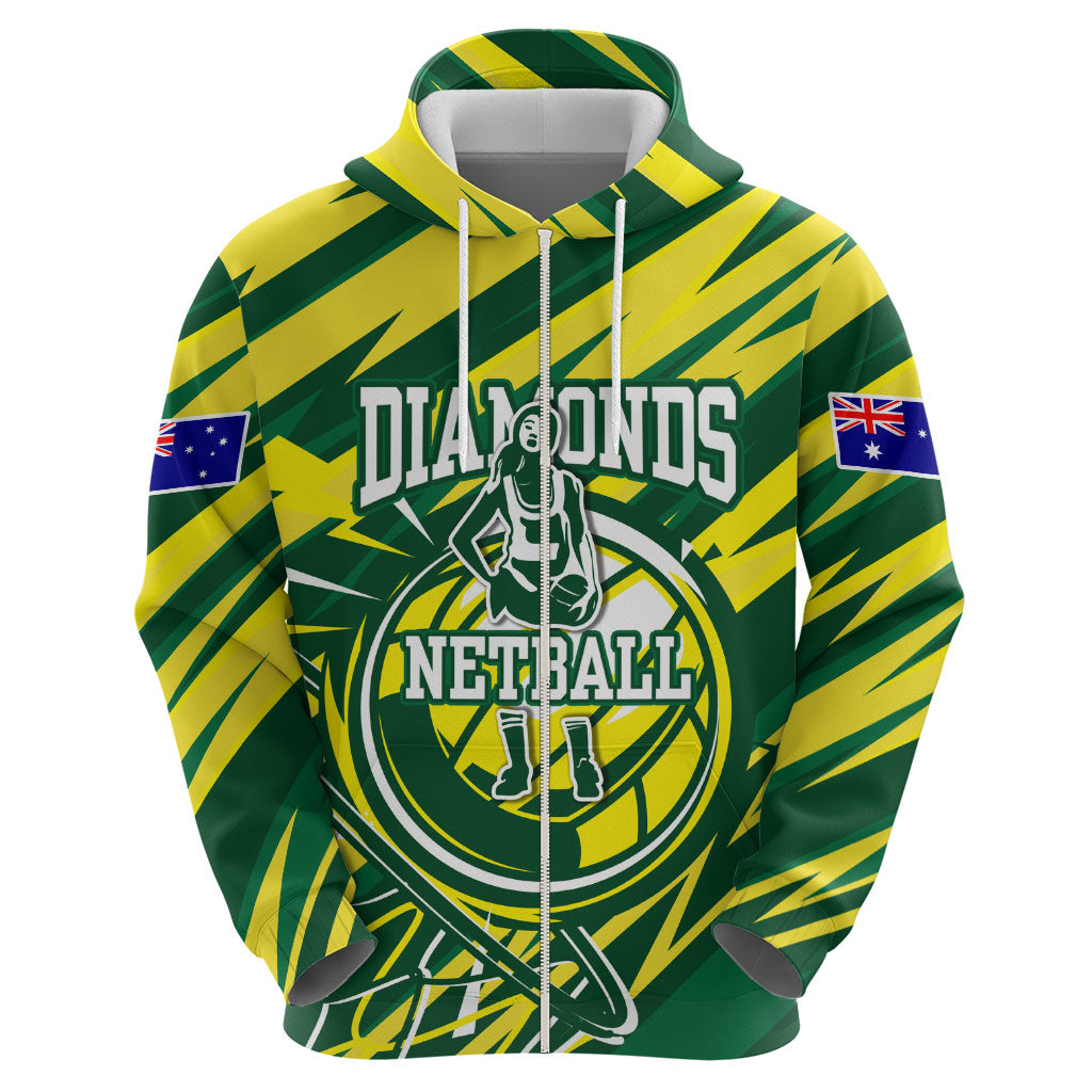 Australian Diamonds Netball Hoodie Sharp Abstract Slash Pattern With Netball Graphic Art