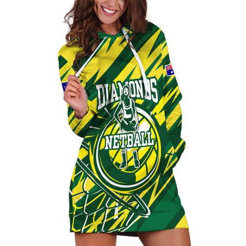 Australian Diamonds Netball Hoodie Dress Sharp Abstract Slash Pattern With Netball Graphic Art