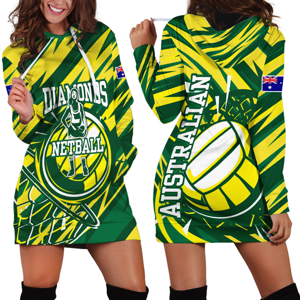 Australian Diamonds Netball Hoodie Dress Sharp Abstract Slash Pattern With Netball Graphic Art