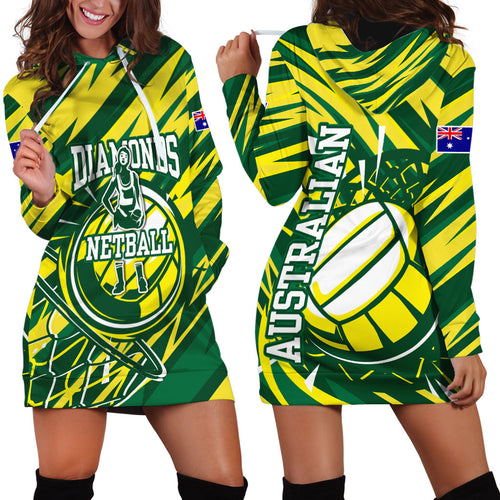 Australian Diamonds Netball Hoodie Dress Sharp Abstract Slash Pattern With Netball Graphic Art