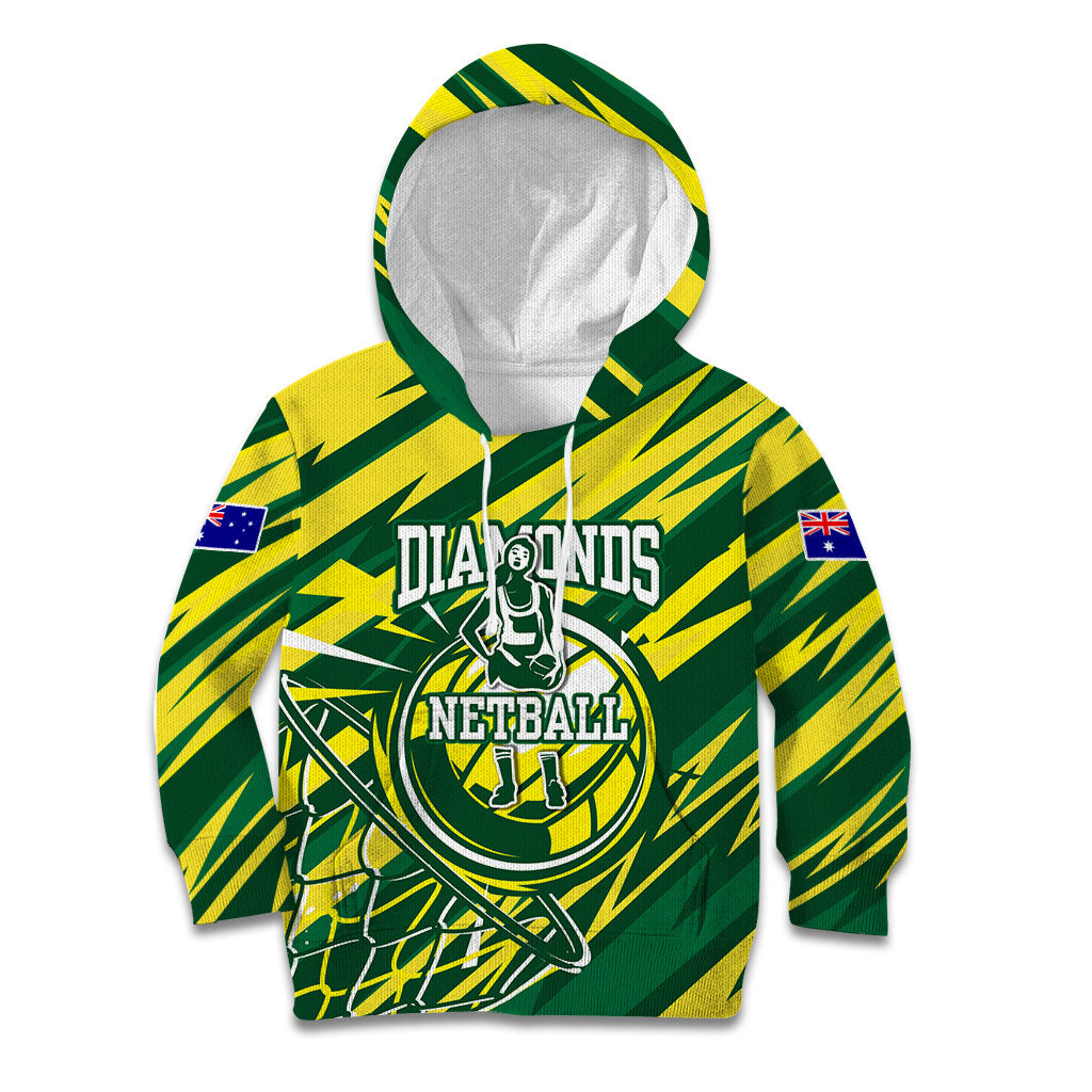 Australian Diamonds Netball Kid Hoodie Sharp Abstract Slash Pattern With Netball Graphic Art